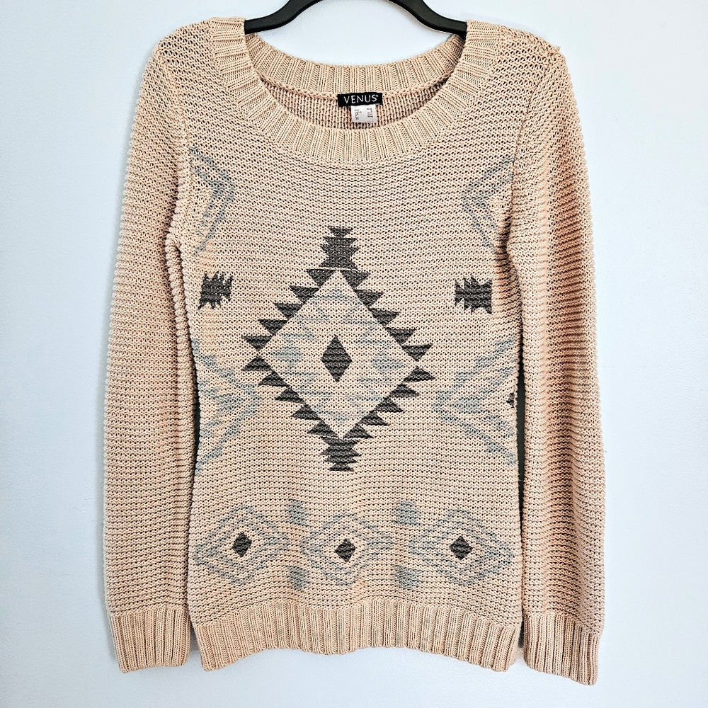Venus Beige Aztec Print Woven Stretchy Loose-Fit Long Sleeve Sweater Size Small